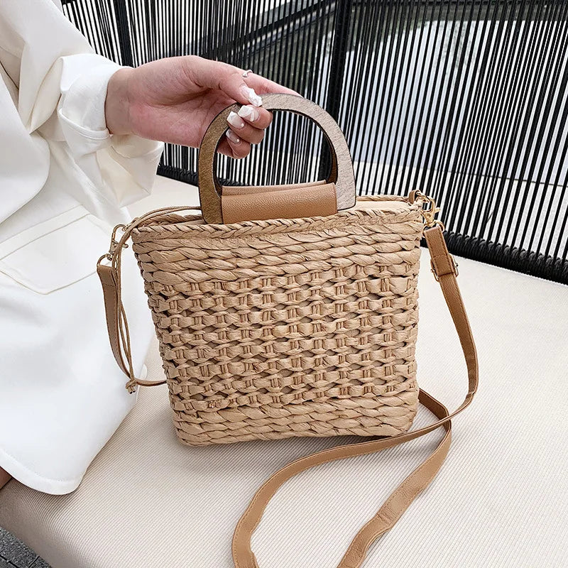 Retro Top Handle Design Crossbody Bag for Women Branded Simple Summer Straw Woven Handbags Female Hollow Basket Shoulder Bags