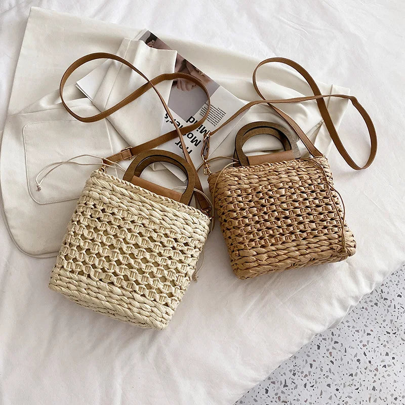 Retro Top Handle Design Crossbody Bag for Women Branded Simple Summer Straw Woven Handbags Female Hollow Basket Shoulder Bags