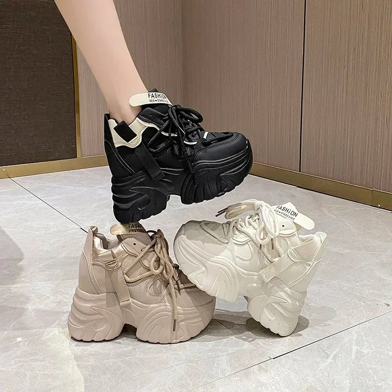 Women Walking Sneakers Autumn Lace-up High Platform Chunky Shoes Breathable Leather Shoes 10.5CM Winter Wedge Heels Casual Shoes