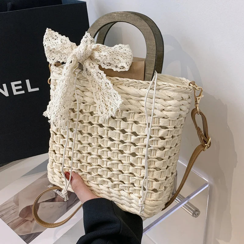 Retro Top Handle Design Crossbody Bag for Women Branded Simple Summer Straw Woven Handbags Female Hollow Basket Shoulder Bags