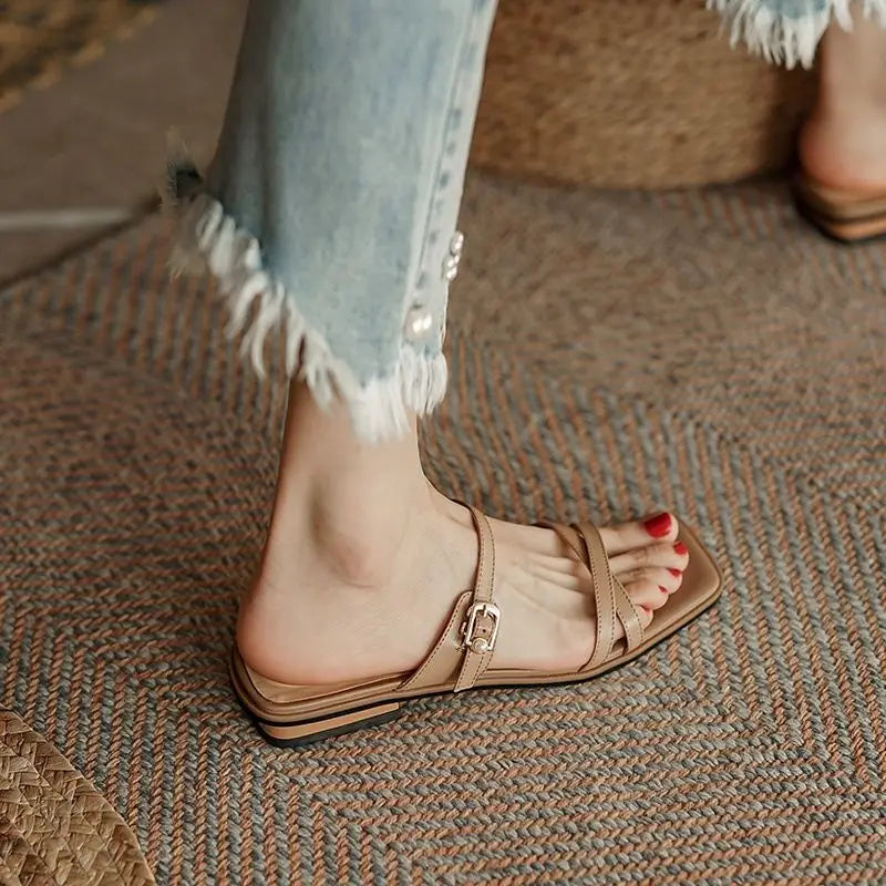 Retro Women's Sandals Fashion Solid Cross Strap Female Flats 2cm 2022 Summer Square Head Outdoor Wear Belt Buckle Ladies Shoes