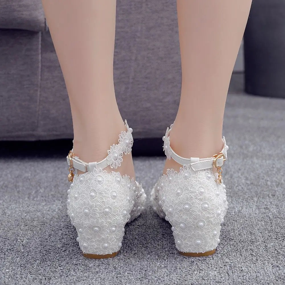 Women 3CM High Heels White Lace Pearl Wedding Shoes Sexy Bride Party  Pointed Toe Shallow Mouth Pumps Shoe Bridesmaid  Pink