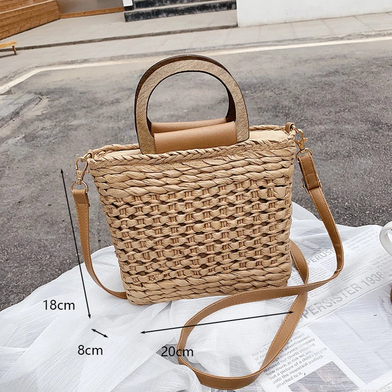 Retro Top Handle Design Crossbody Bag for Women Branded Simple Summer Straw Woven Handbags Female Hollow Basket Shoulder Bags