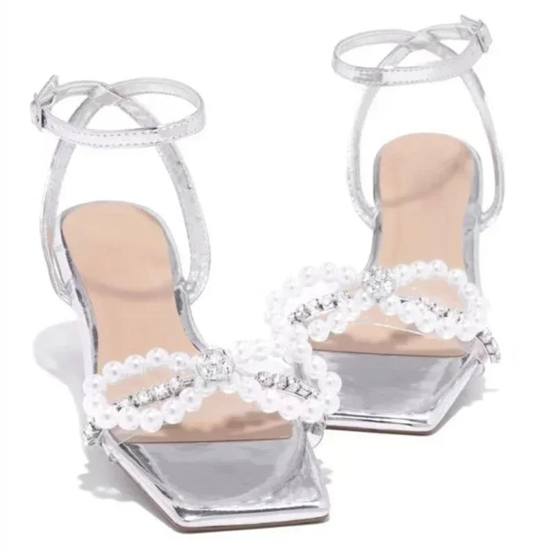 2025 Summer Women's Sandals with Bow Pearl Flat Heels Elegant Rhinestone Party Ladies Shoes Plus Size 42 Sandalias Mujer