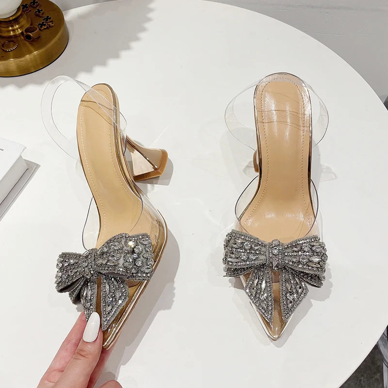 Fashion Crystal Sequined Bowknot Women Pumps Sexy Pointed Toe High Heels Wedding Prom Shoes Ladies PVC Transparent Sandals