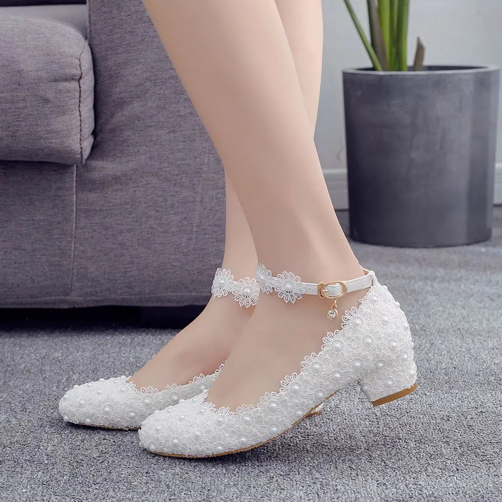 Women 3CM High Heels White Lace Pearl Wedding Shoes Sexy Bride Party  Pointed Toe Shallow Mouth Pumps Shoe Bridesmaid  Pink