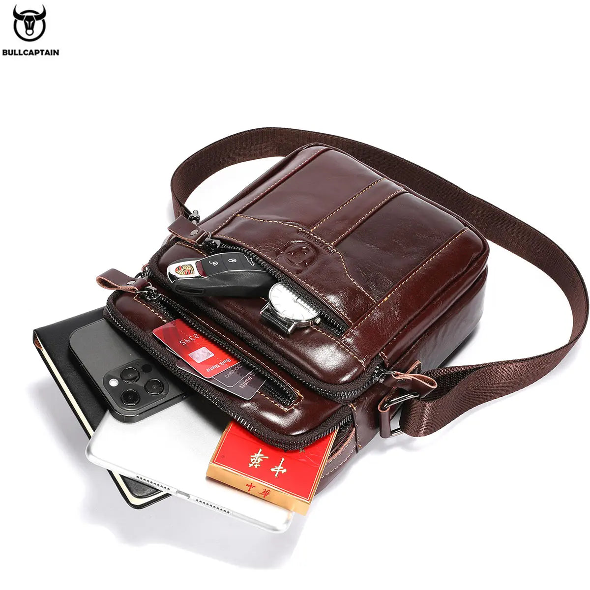 BULLCAPTAIN Men's Crossbody Bag Vintage Fashion Casual Business Large Capacity Handbag Practical & Durable Male's Shoulder Bags