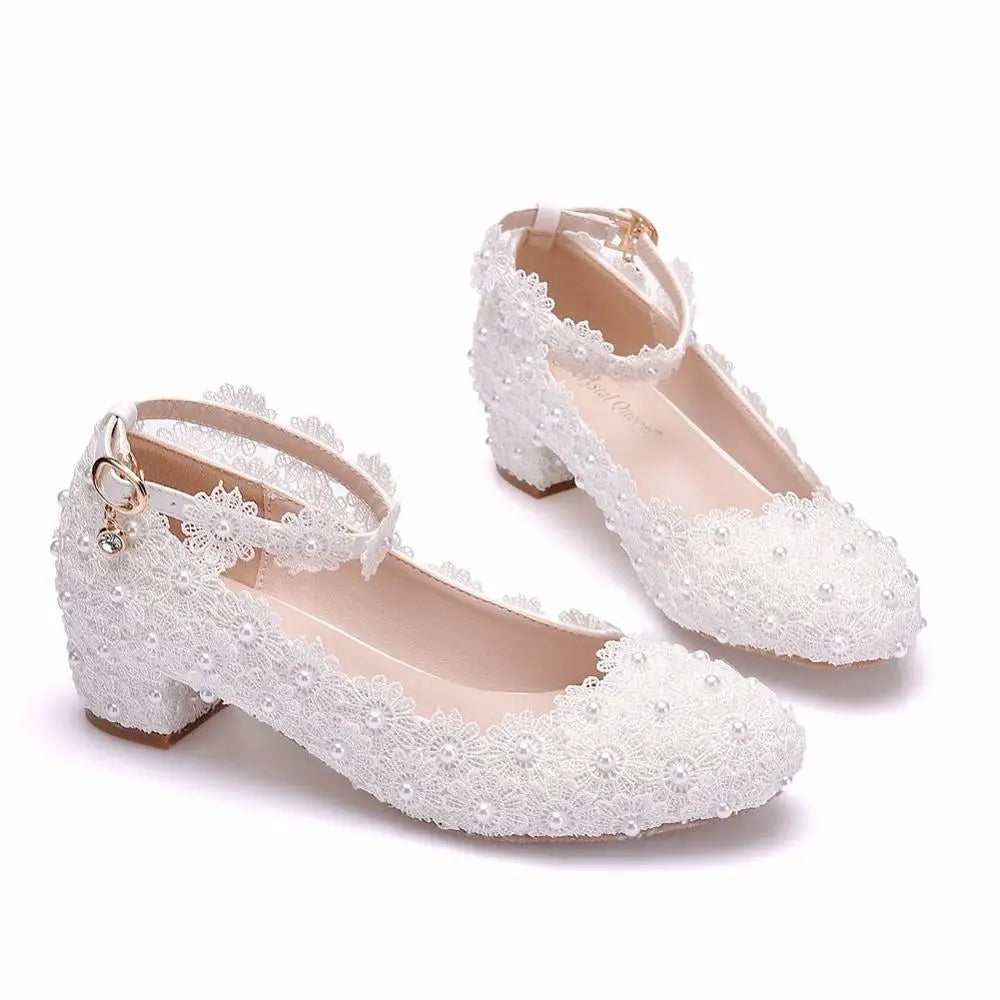 Women 3CM High Heels White Lace Pearl Wedding Shoes Sexy Bride Party  Pointed Toe Shallow Mouth Pumps Shoe Bridesmaid  Pink