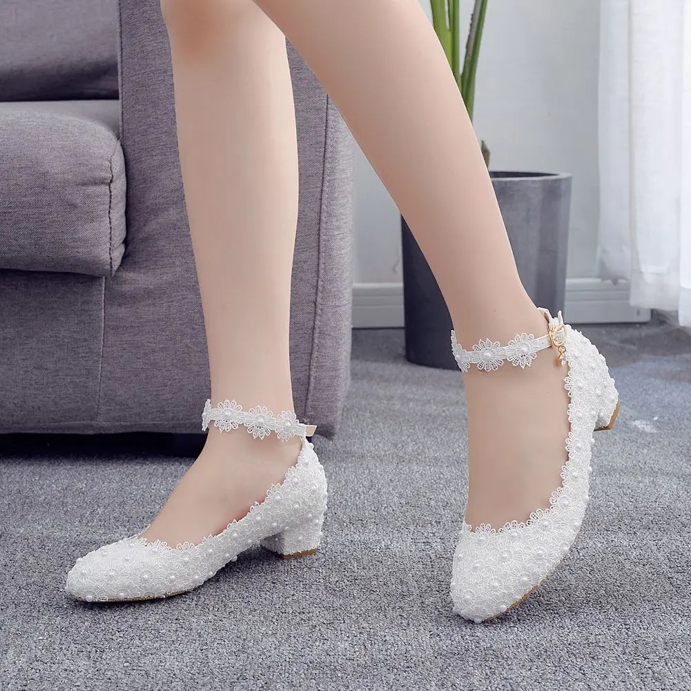 Women 3CM High Heels White Lace Pearl Wedding Shoes Sexy Bride Party  Pointed Toe Shallow Mouth Pumps Shoe Bridesmaid  Pink