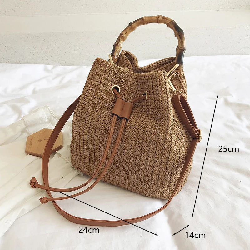 Retro Top Handle Design Crossbody Bag for Women Branded Simple Summer Straw Woven Handbags Female Hollow Basket Shoulder Bags