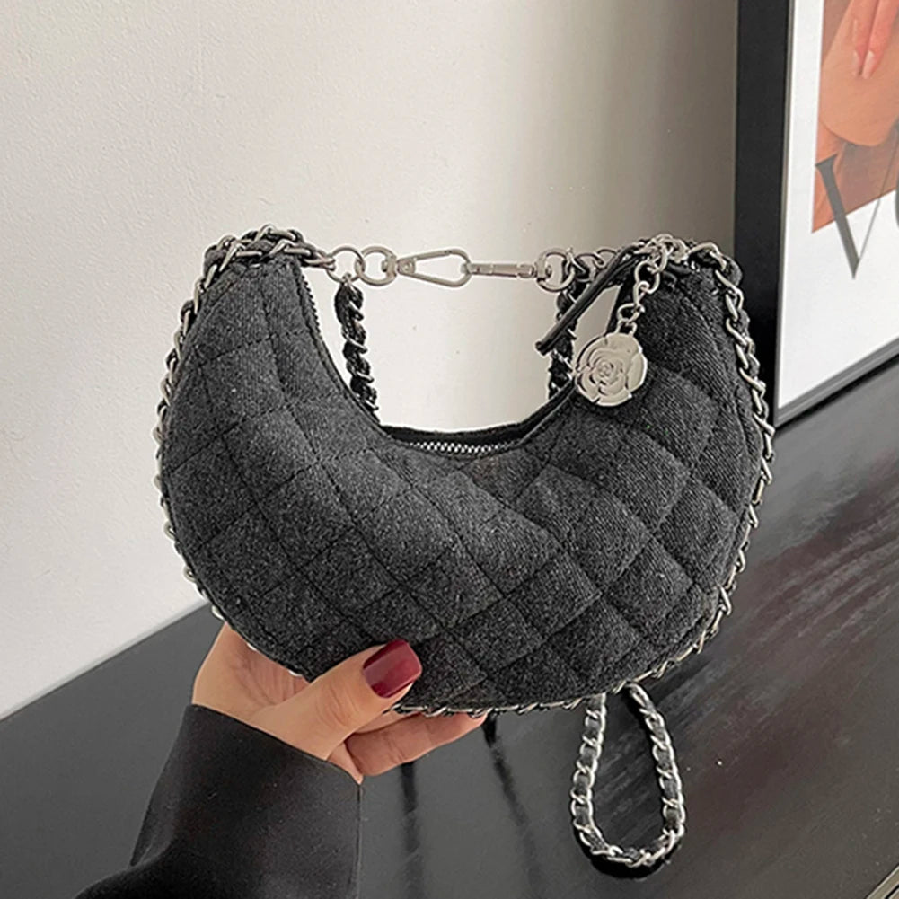 2023 New Denim Fabrics Chain Crossbody Bags Fashion Diffusion Stitching Small Crescent Bags Women's Luxury Underarm Tote Handbag