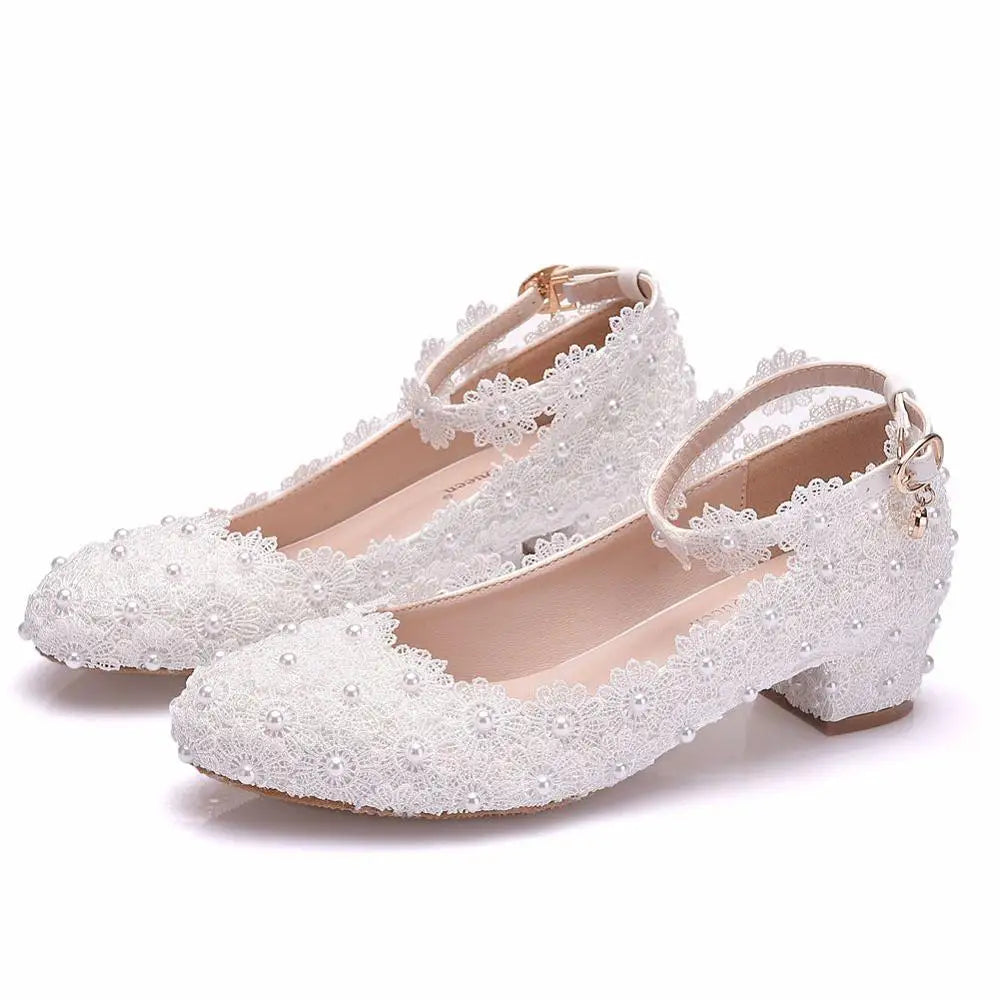 Women 3CM High Heels White Lace Pearl Wedding Shoes Sexy Bride Party  Pointed Toe Shallow Mouth Pumps Shoe Bridesmaid  Pink