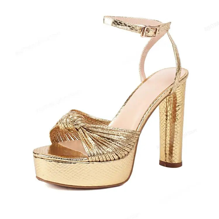 Gold Heels For Women Peep Toe Bow Knot Fashion Sexy Sandals Ankle Strap Metallic High Quality Luxury Shoes 2023 Summer Party