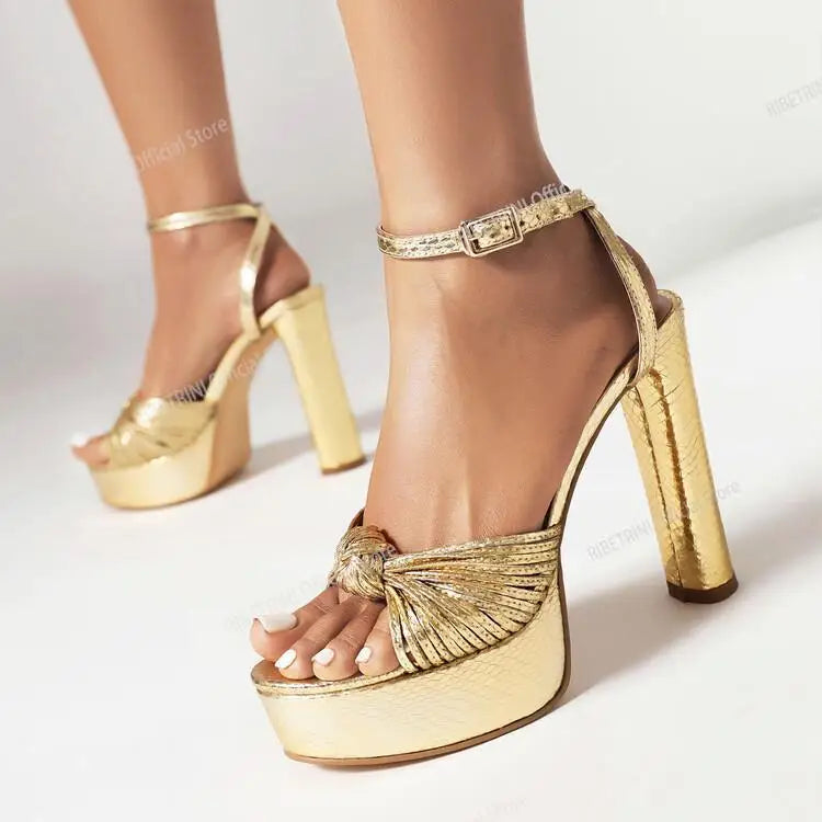 Gold Heels For Women Peep Toe Bow Knot Fashion Sexy Sandals Ankle Strap Metallic High Quality Luxury Shoes 2023 Summer Party