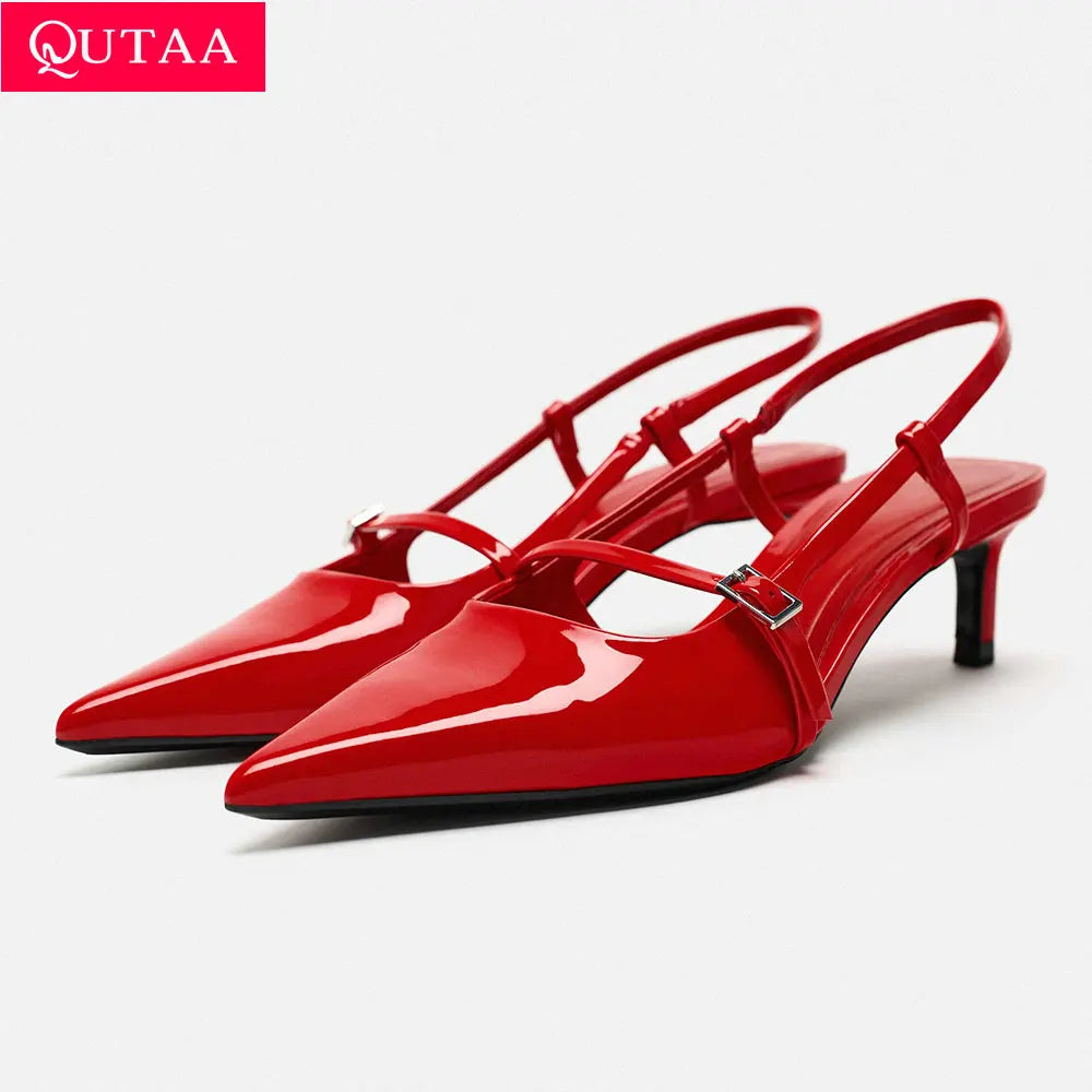 QUTAA 2024 Women Sandals Patent Leather Sexy Pointed Toe Ankle Strap Party Shoes High Heel Summer Wedding Shoes Woman 34-43