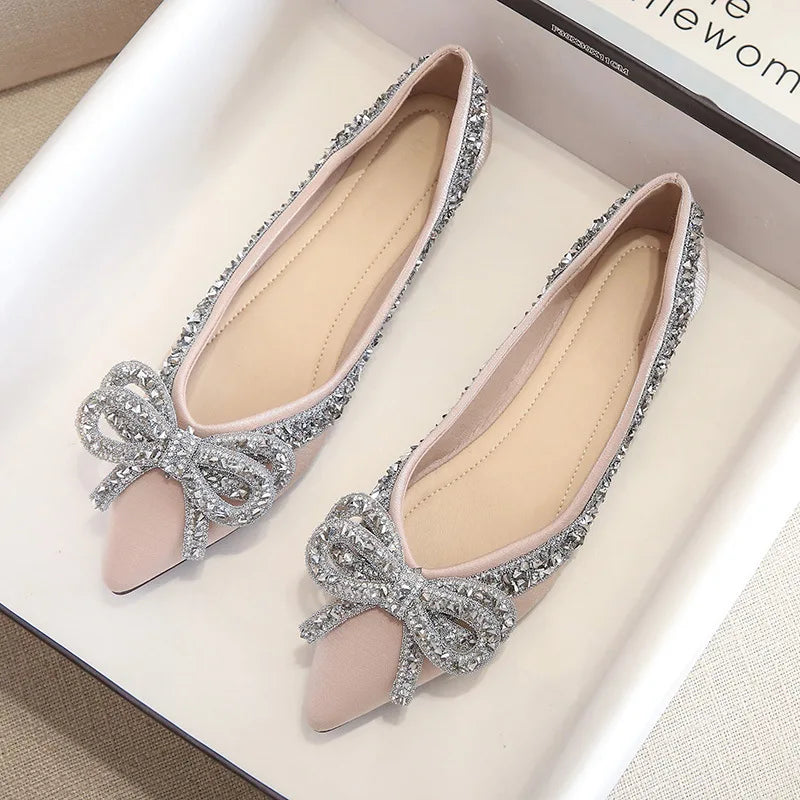 2024 New Ballet Flats Shoes for Women Fashion Rhinestones Bow Flat Footware Female Plus Size Moccasin Boat Shoes Chaussure Femme