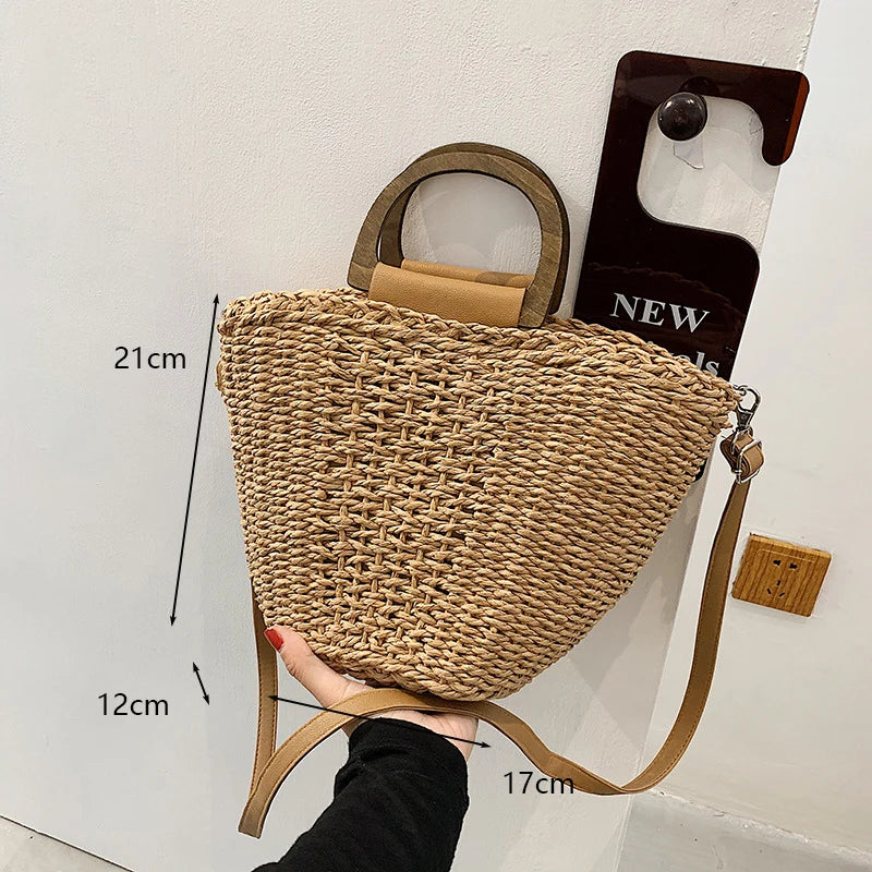 Retro Top Handle Design Crossbody Bag for Women Branded Simple Summer Straw Woven Handbags Female Hollow Basket Shoulder Bags