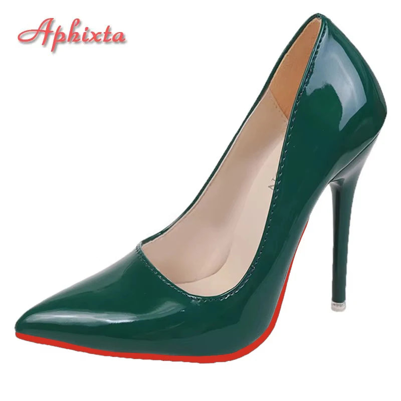 Aphixta Four Seasons Green Super High 12cm Stiletto Heels Women's Pumps Fashion Pointed Toe Patent Leather Office Shoes Plus 45