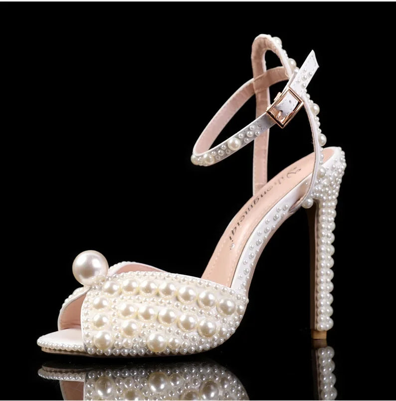 Maogu Women Sandals Fashion High Quality Wedding Shoes Women New Pearls Studs Luxury Peep Toe High Heels Buckle Woman Sandal 43