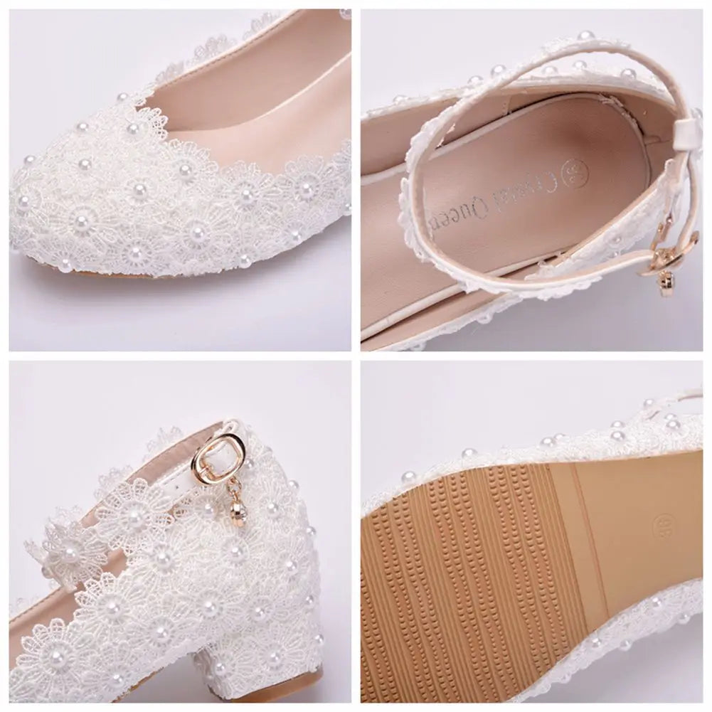 Women 3CM High Heels White Lace Pearl Wedding Shoes Sexy Bride Party  Pointed Toe Shallow Mouth Pumps Shoe Bridesmaid  Pink