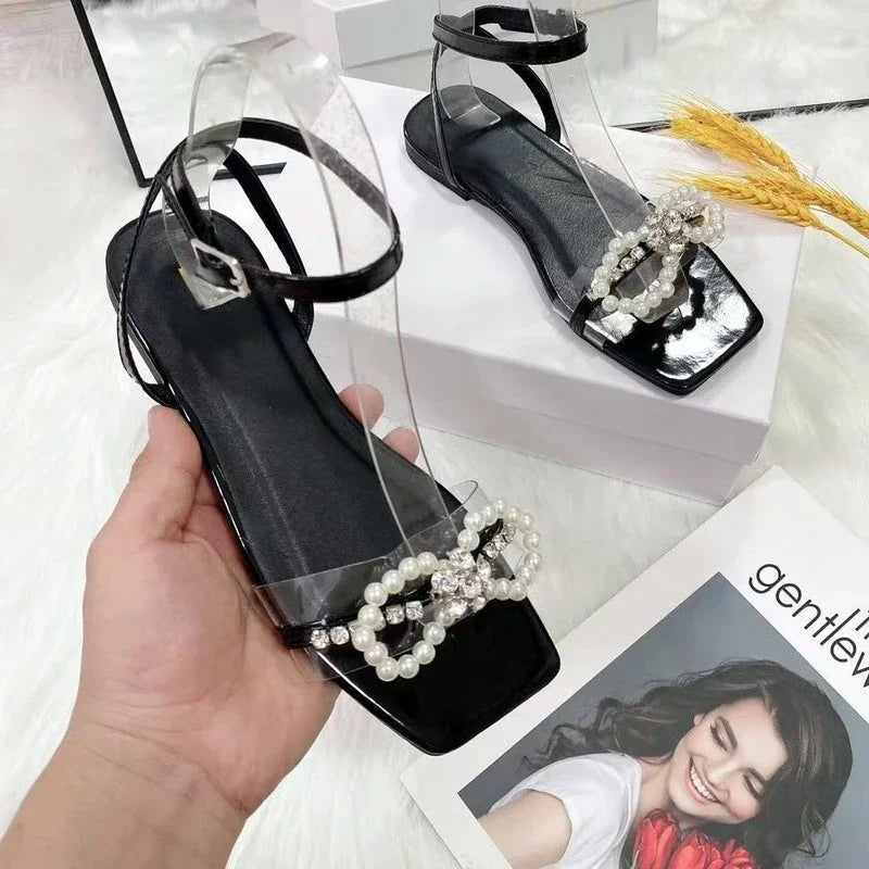 2025 Summer Women's Sandals with Bow Pearl Flat Heels Elegant Rhinestone Party Ladies Shoes Plus Size 42 Sandalias Mujer