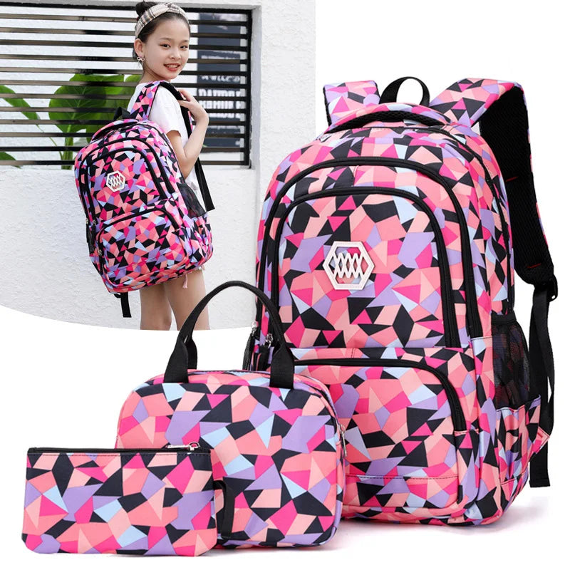 3Pcs Colorful Children Backpack Geometric Girls School Backpacks Korean Primary Bagpack Set Multi-Function Handbag Travel Bags