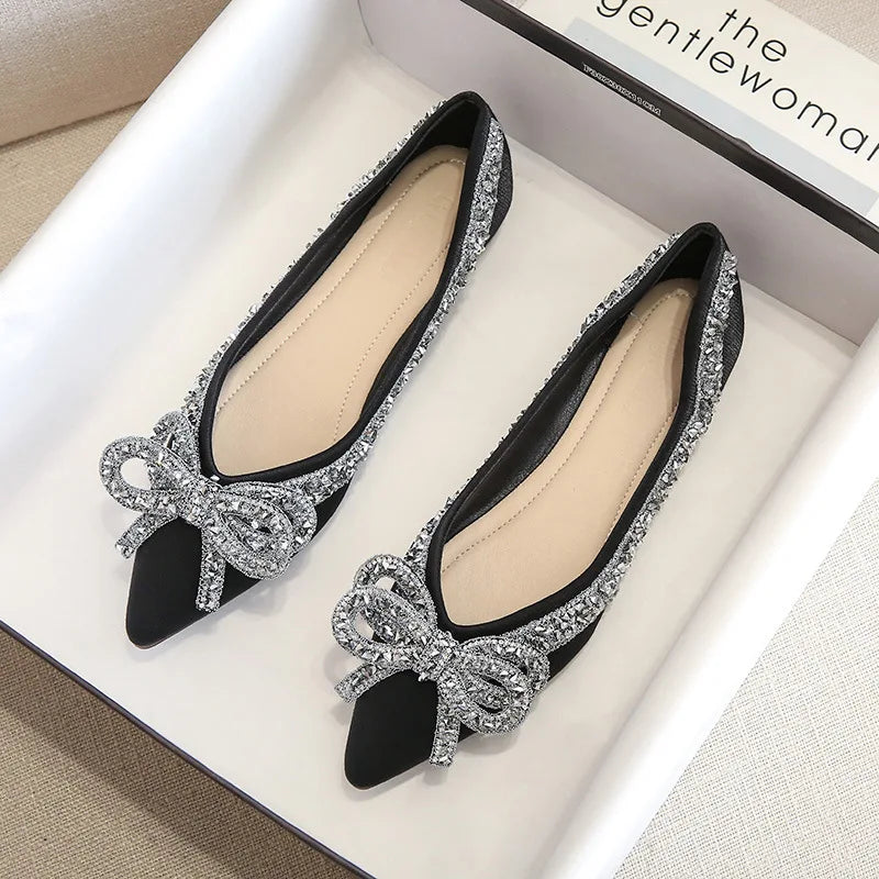 2024 New Ballet Flats Shoes for Women Fashion Rhinestones Bow Flat Footware Female Plus Size Moccasin Boat Shoes Chaussure Femme