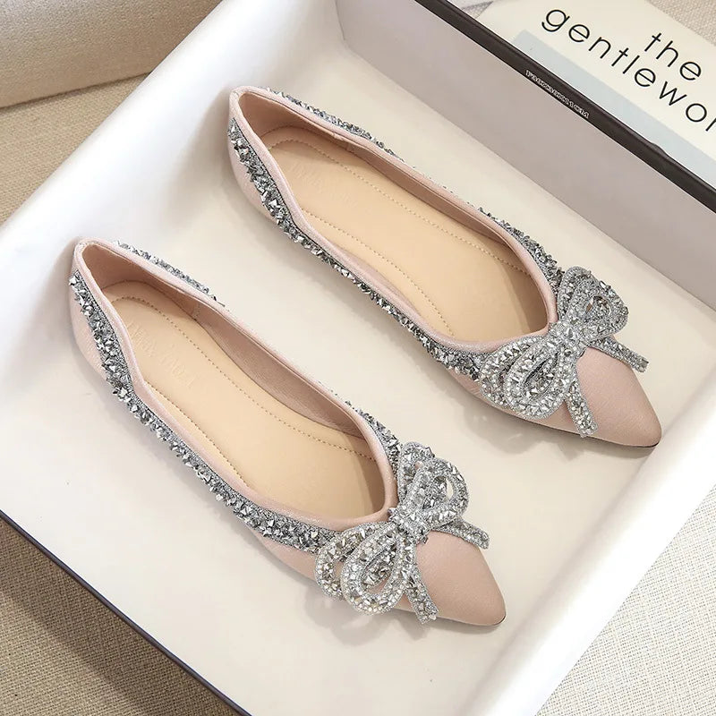 2024 New Ballet Flats Shoes for Women Fashion Rhinestones Bow Flat Footware Female Plus Size Moccasin Boat Shoes Chaussure Femme