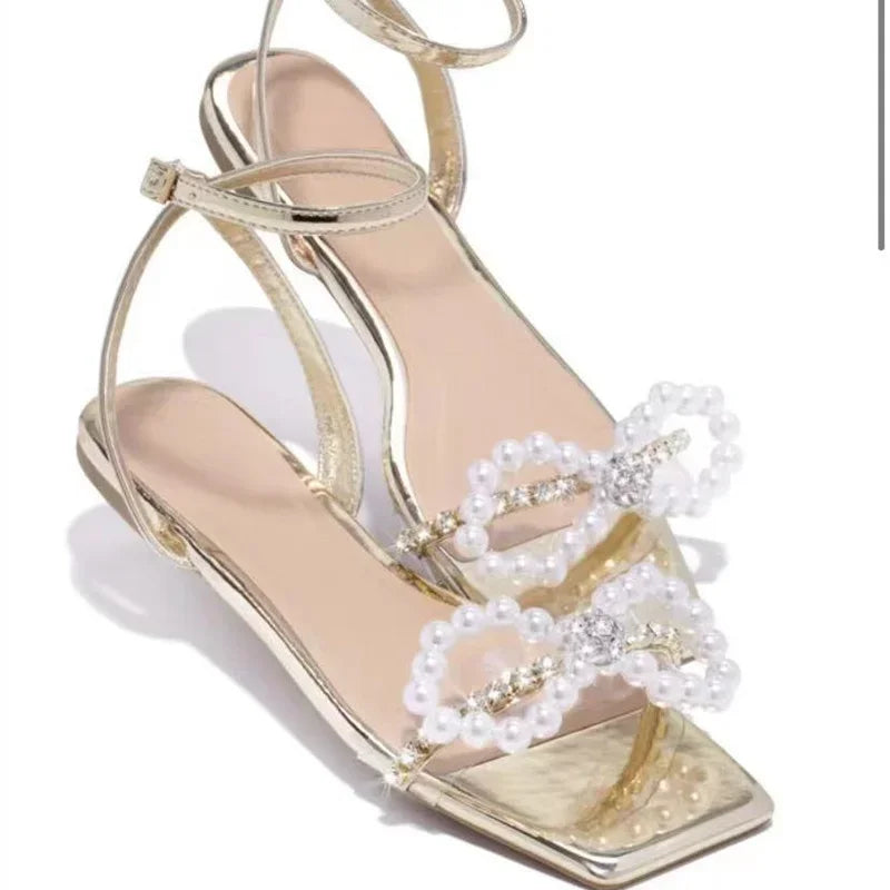 2025 Summer Women's Sandals with Bow Pearl Flat Heels Elegant Rhinestone Party Ladies Shoes Plus Size 42 Sandalias Mujer