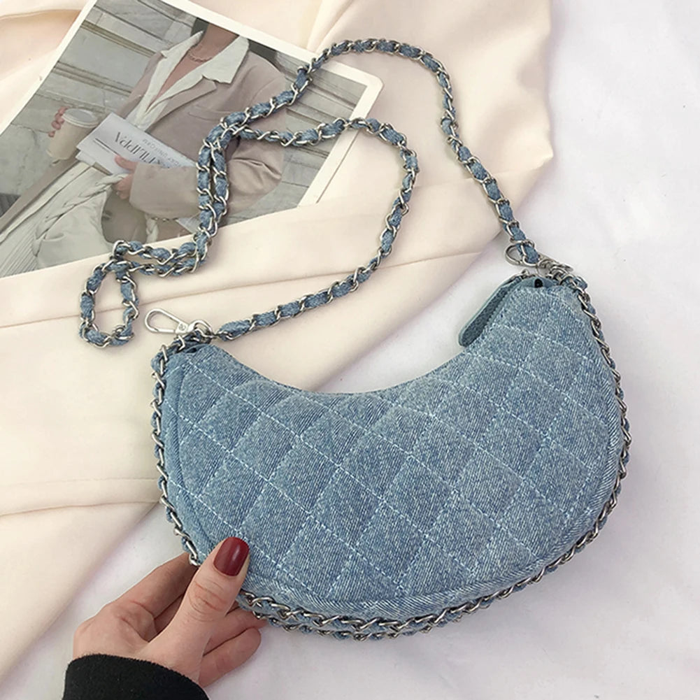 2023 New Denim Fabrics Chain Crossbody Bags Fashion Diffusion Stitching Small Crescent Bags Women's Luxury Underarm Tote Handbag