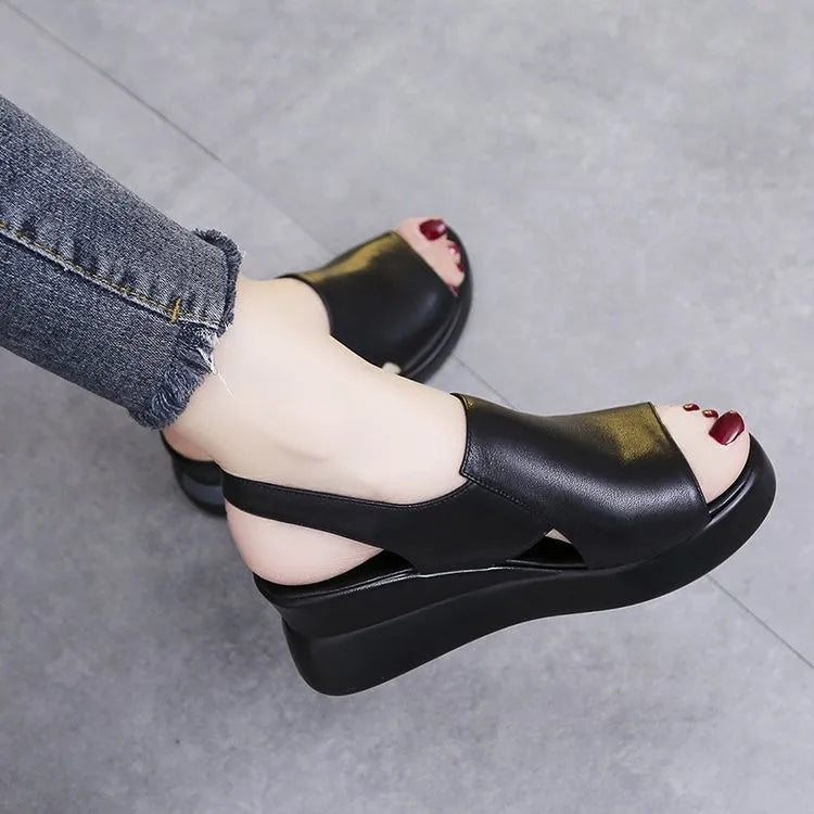 Thick-soled wedge sandals for women 2024 new summer high-heeled fish mouth women's shoes soft leather height-increasing plat