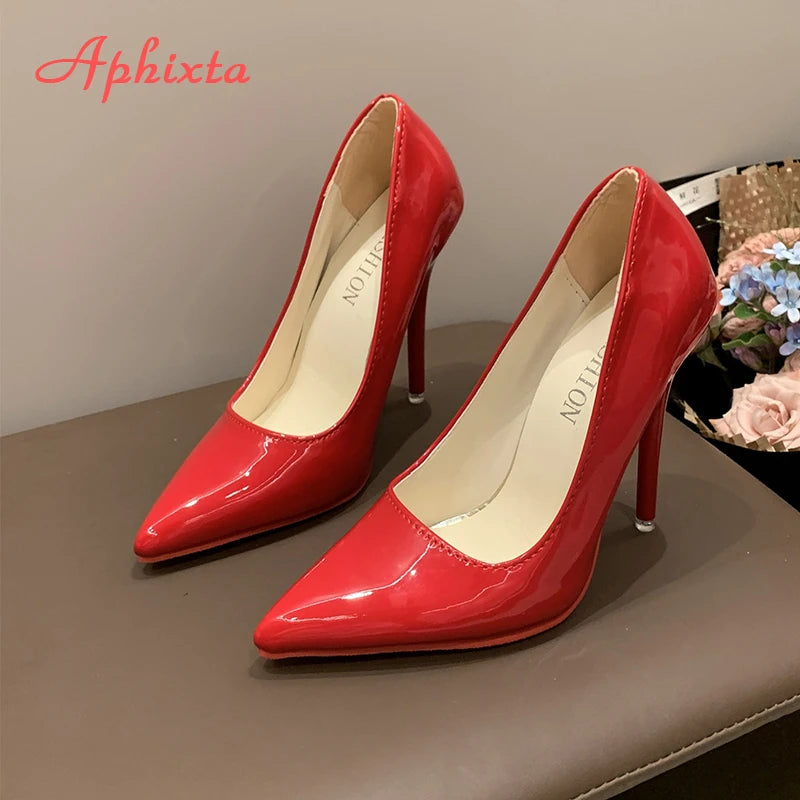 Aphixta Four Seasons Green Super High 12cm Stiletto Heels Women's Pumps Fashion Pointed Toe Patent Leather Office Shoes Plus 45