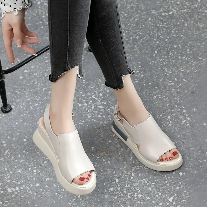 Thick-soled wedge sandals for women 2024 new summer high-heeled fish mouth women's shoes soft leather height-increasing plat